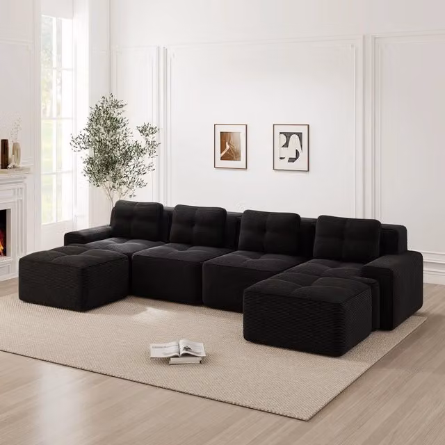 Divano panoramico modulare MIVRAY a 4 posti in velluto a coste nero con seduta profonda 74 cm