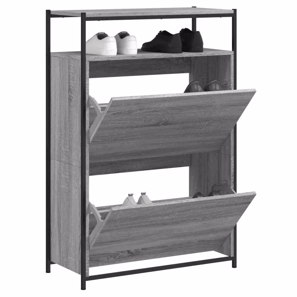 Scarpiera a parete in legno grigio opaco con ante a ribalta e ripiani interni L: 75 cm, P: 34 cm, H: 112 cm – 2