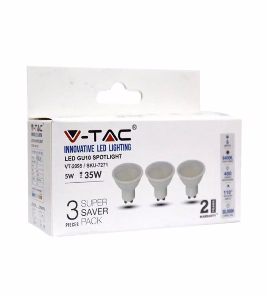 Faretto LED GU10 5W 110° Copertura Satinata 6400K (Box 3 Pezzi)