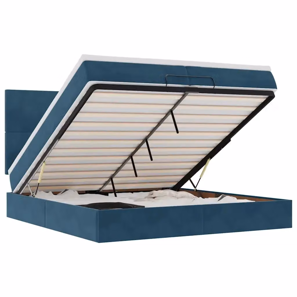 Letto contenitore moderno vidaXL in velluto blu con illuminazione LED sottostante e porta di ricarica USB, L: 200 cm, P: 200 cm, H: 280 cm – 2