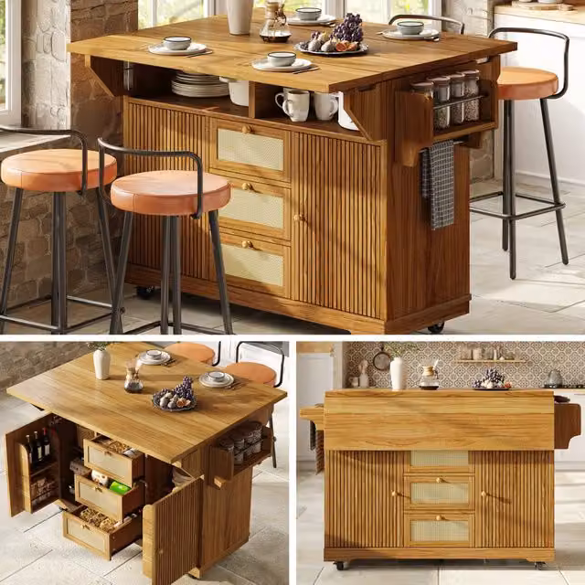 Carrello servitore con piano ribaltabile; cassetti in rattan PE e ripiani regolabili; marrone scuro; altezza 95 cm
