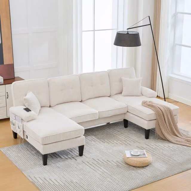 Divano a U 4 posti 250x130 cm in tessuto di lino beige con 2 chaise longue e porte USB/Type-C HOMVRA