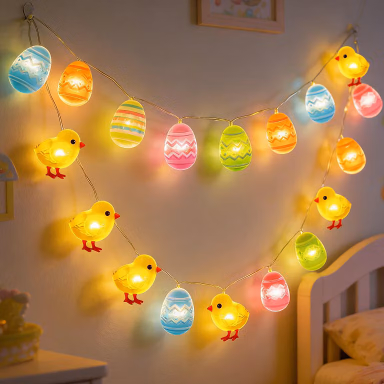 Catena luminosa da 2 metri, con 20 LED bianco caldo, decorata con immagini di pulcini e uova, alimentata a batteria