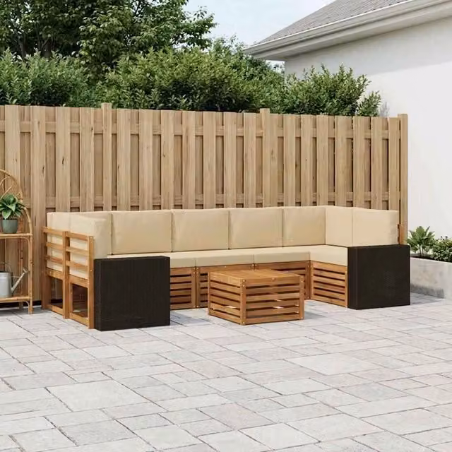 Set di divani da esterno moderno vidaXL in legno di acacia con tavolino e cuscini, colore beige e sabbia, 8 pezzi – 1