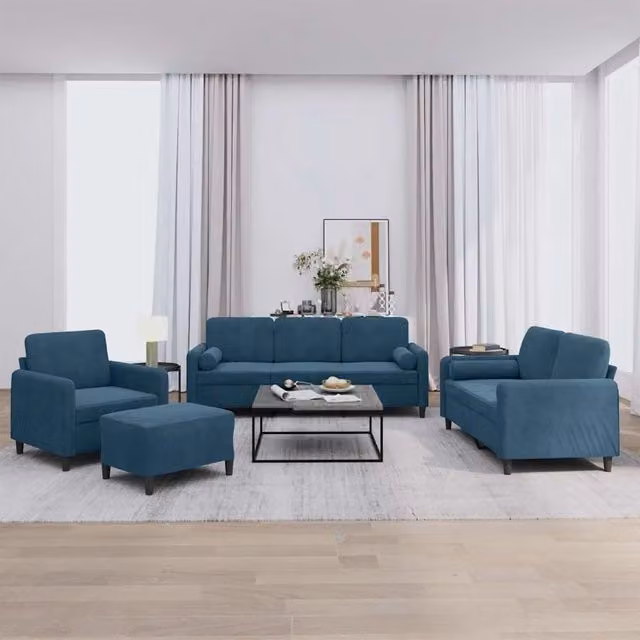 Set di divani vidaXL in velluto blu composto da divano a 3 posti, divano a 2 posti, pouf e cuscini per il tuo soggiorno moderno – 1