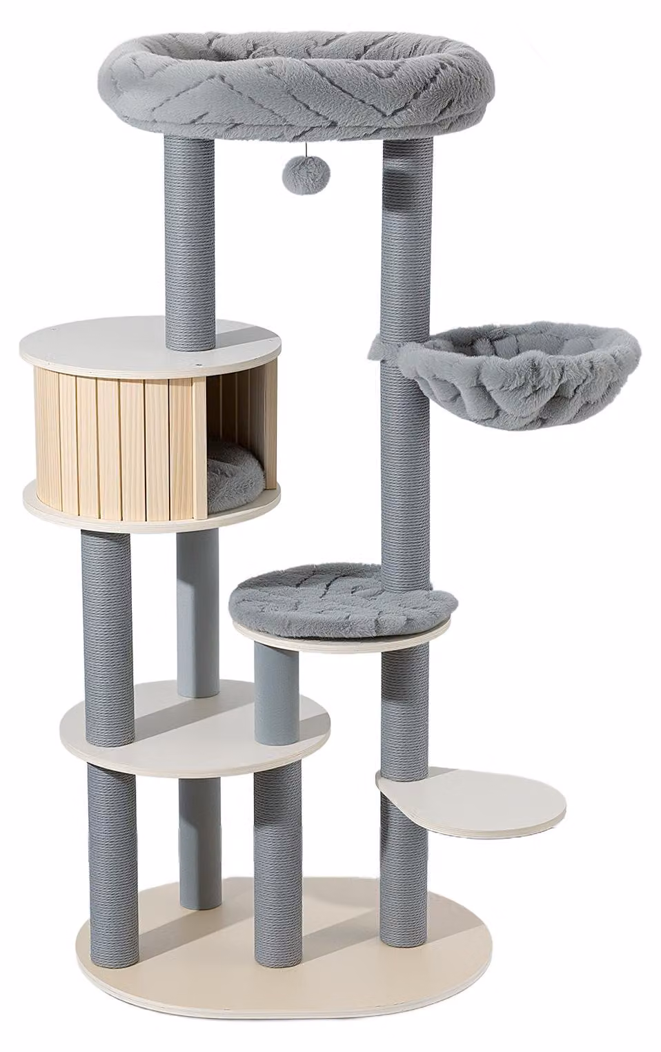Fudajo Urban Studio, tiragraffi da interno, 163 cm, grigio, con casetta per gatti, amaca sospesa, cuccia e pali rivestiti in corda di carta per graffiare