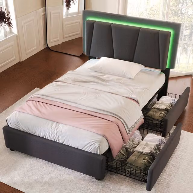 Letto singolo OKWISH moderno in tessuto grigio con illuminazione LED sottostante, 2 cassetti e testiera regolabile, L/P/H: 90 x 200 x 102 cm