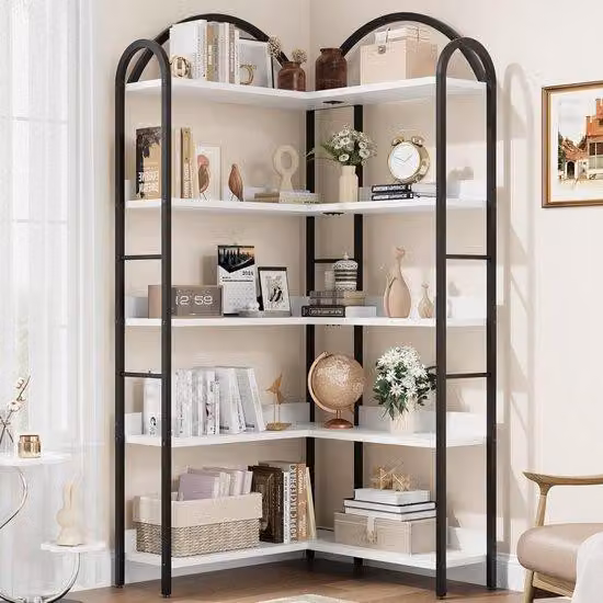 Scaffale da parete - Libreria a L - Arredamento per il soggiorno - Struttura curva a 5 strati - Altezza 68 pollici - Bianco