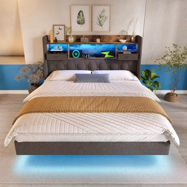 Letto matrimoniale 180x200 cm con LED; testiera contenitore e rivestimento in lino grigio