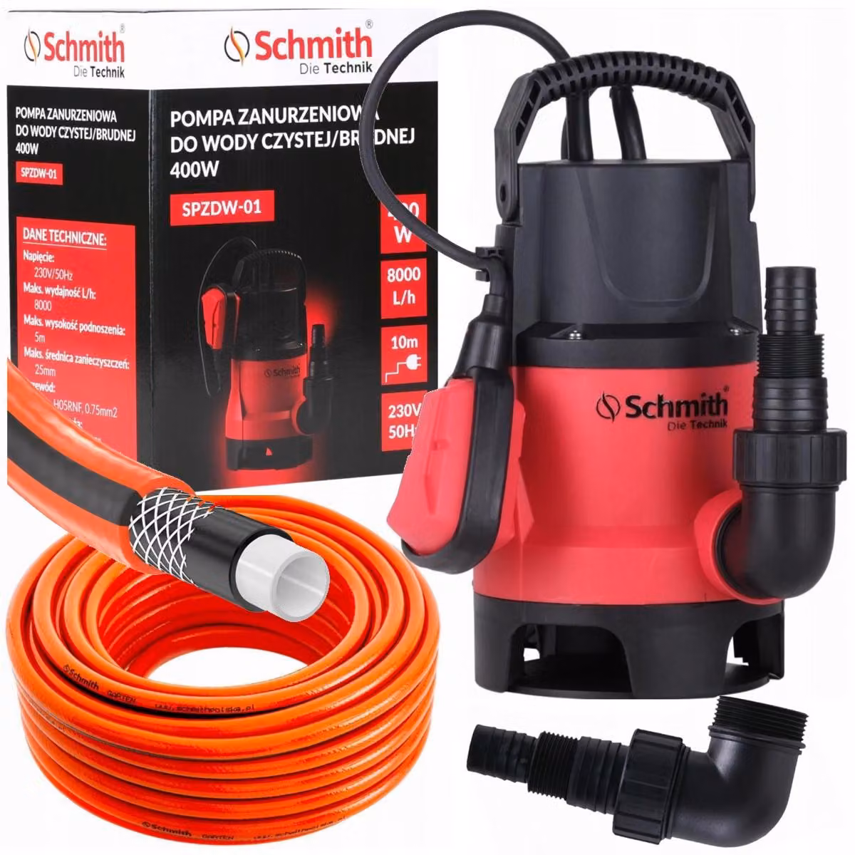 Set pompa per acque reflue Smith da 400 W con tubo da 10 m da 1 pollice | Pompa da giardino da 8000 l/h per piscine e fontane | Robusta pompa per acque reflue e di drenaggio con interruttore a galleggiante per acque limpide