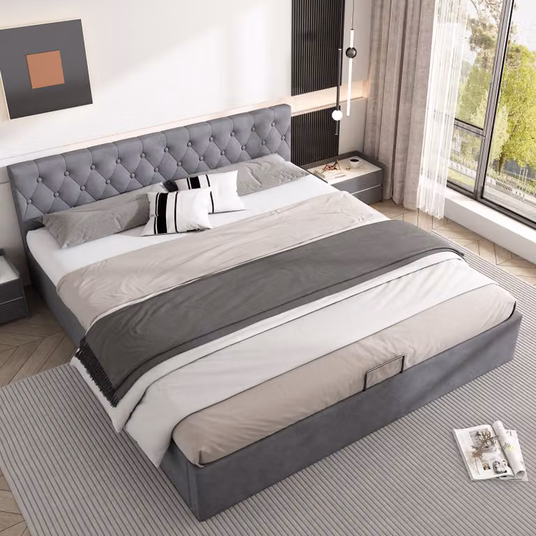 Letto imbottito MODFU, letto per ragazzi 180x200, rete a doghe, con materasso, grigio