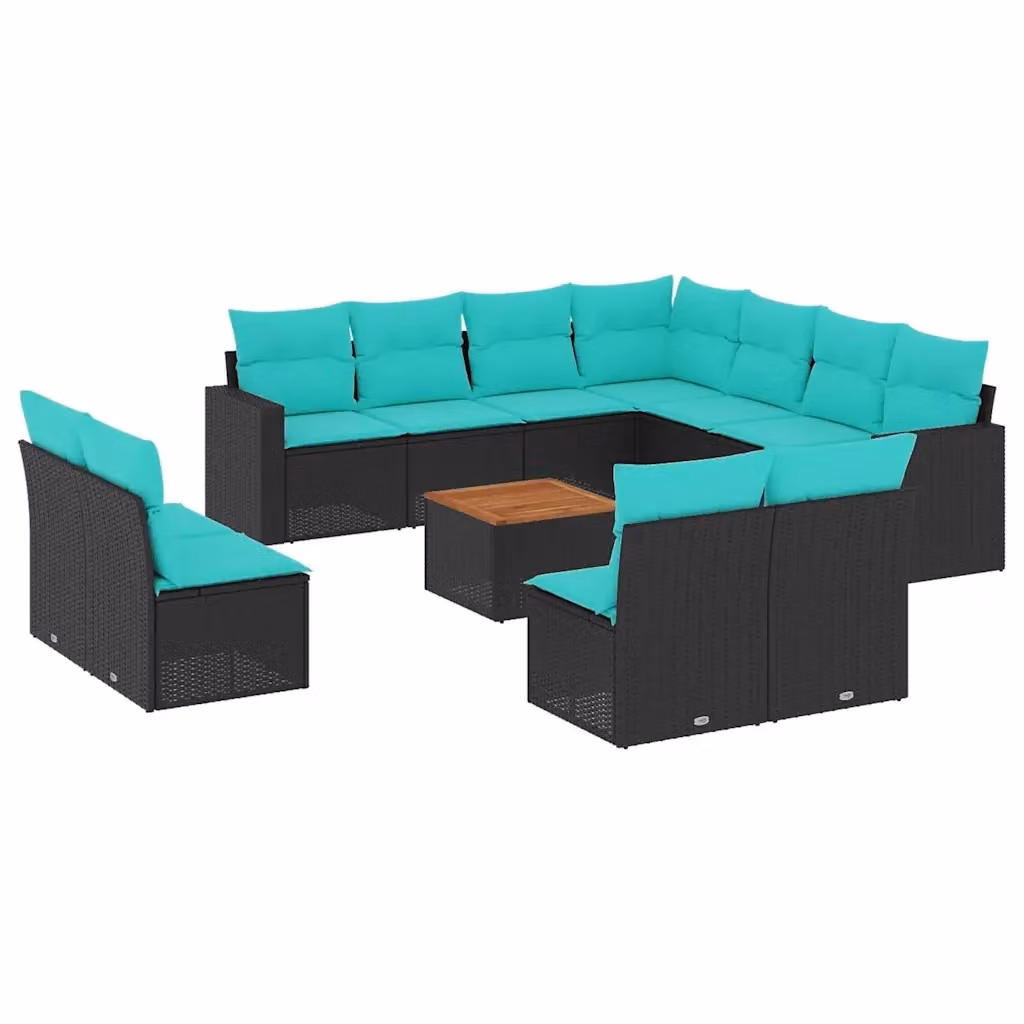 Set di Divani da Giardino a Forma di U vidaXL in Polyrattan Nero con Cuscini Blu e Tavolino da Esterno – 2