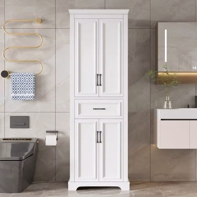 Desviae Armadietto da bagno con 2 ante e 1 cassetto in MDF verniciato bianco, con ripiani regolabili, 60 × 40 × 180 cm