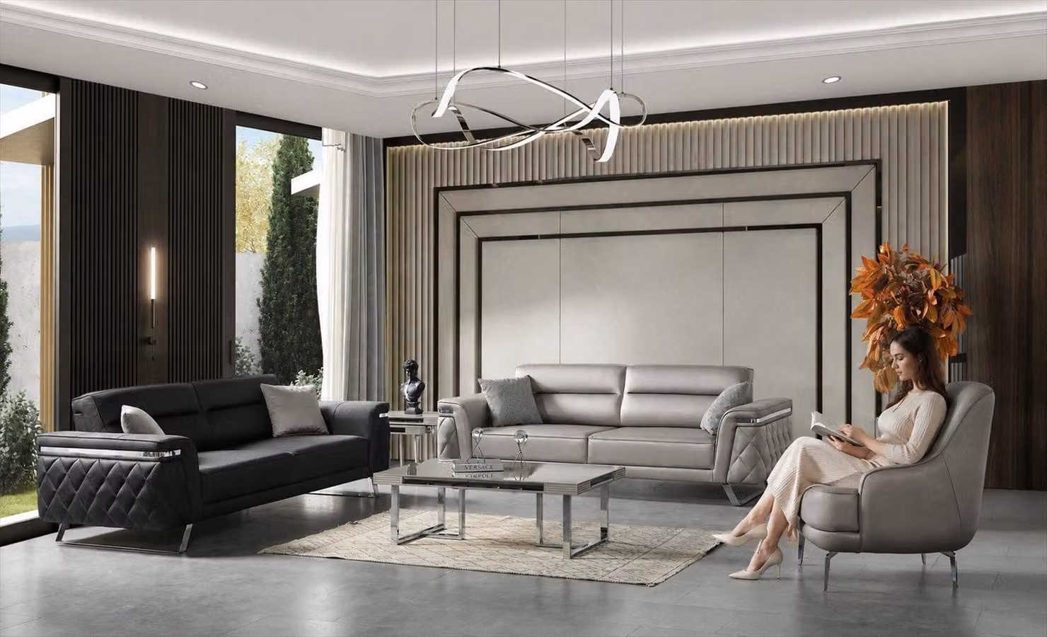 2x 3-Sitzer Sofa Sessel Set Beige Schwarz Modern Stoff Wohnzimmermöbel