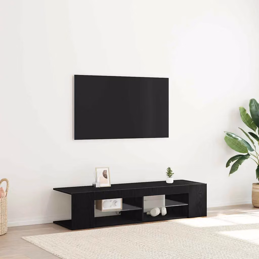 Mobile TV vidaXL moderno in legno ingegnerizzato nero e rovere con illuminazione integrata L/P/H: 135 x 39 x 30 cm