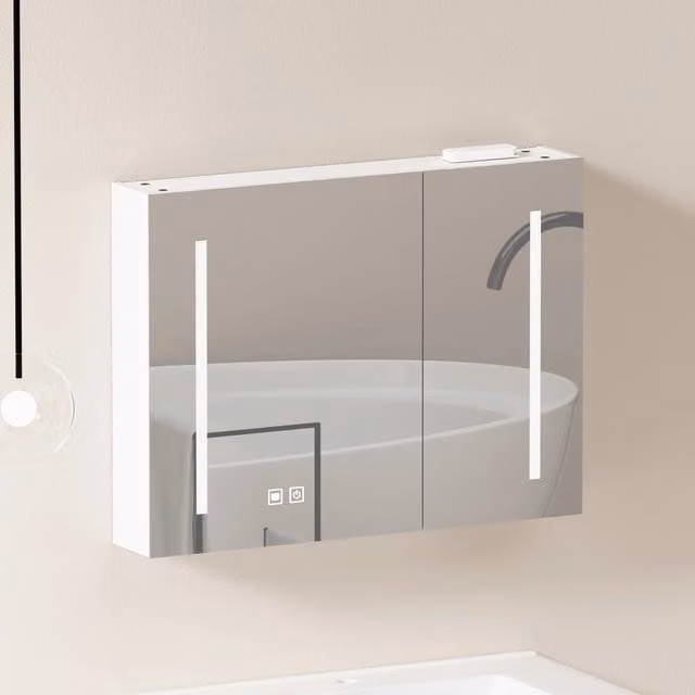 Armadietto Specchio LED con Ante ¨C MINIMAL ¨C Bagno, Rovere, Bianco