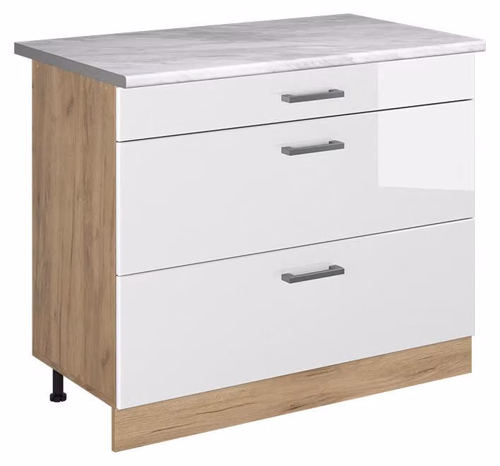Mobiletto base per cucina Vicco R-Line Bianco lucido/Rovere dorato 100 cm piano di lavoro Marmo, Model 71654
