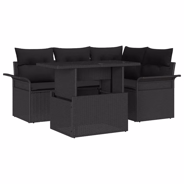 Set Divano da Giardino vidaXL 5 Pezzi Nero con Tavolino e Ottoman in Metallo e Rattan con Cuscini Inclusi