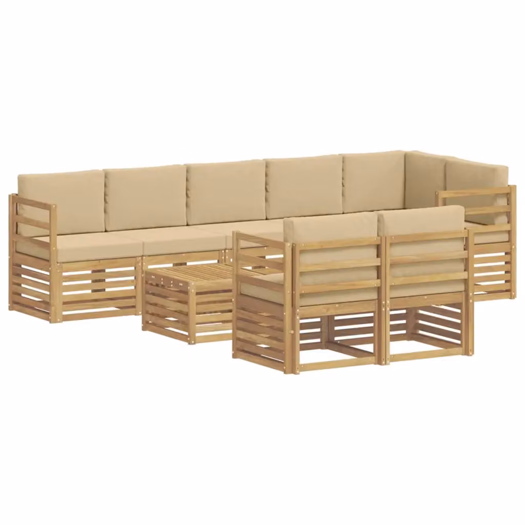 Set di divani da esterno a L vidaXL in legno di acacia con tavolo da caffè, 9 pezzi, Bianco, Beige e Marrone – 2