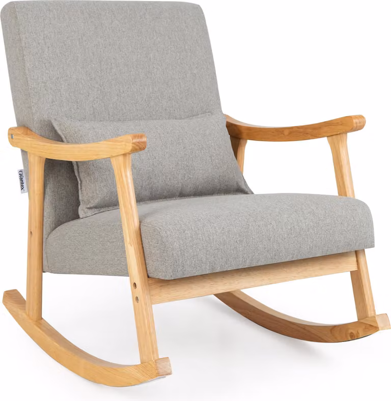 Sedia a dondolo imbottita, sedia a dondolo moderna con struttura in legno di gomma, schienale e seduta confortevoli, cuscino imbottito in PP, grigio