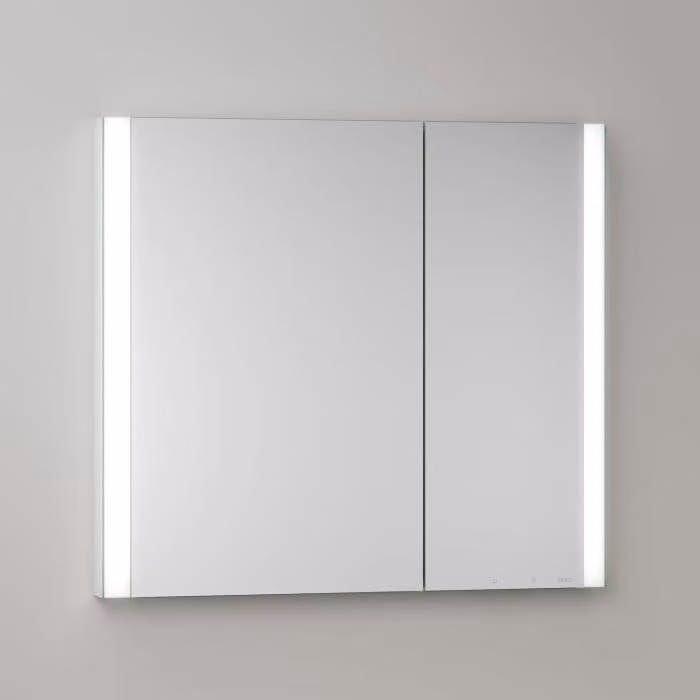 Mobile specchio a incasso LED Keuco Royal Metis, dimensioni 80 x 71 cm, 2 ante con riscaldamento a specchio, design asimmetrico
