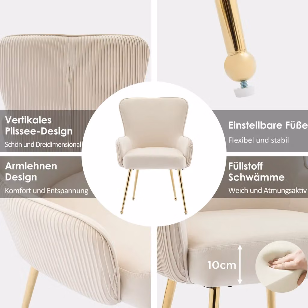 Set da 4 sedie REDOM in velluto beige e oro con braccioli e struttura in metallo – 2