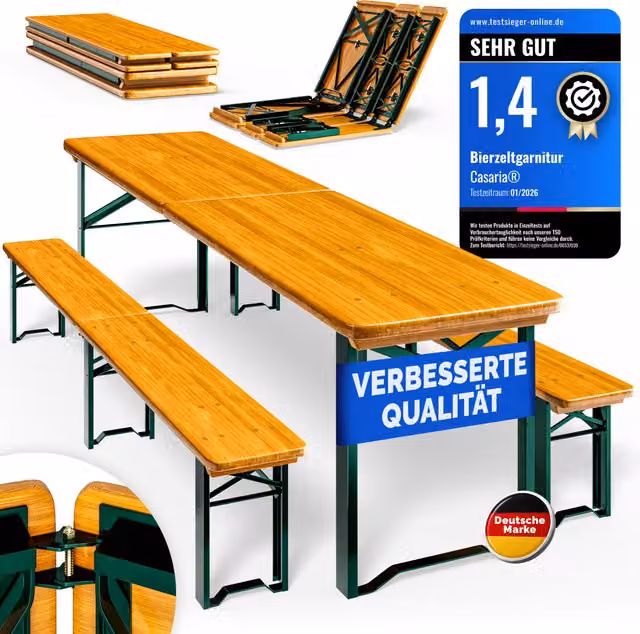 Set tavolo e panche da birreria Casaria in legno massiccio marrone, pieghevole, per 10 persone, L: 220 cm – 1