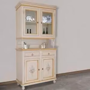 Cristalliera in stile arte povera con ante in vetro e decori floreali Mobili 2G avorio patinato L: 104 cm, P: 43 cm, H: 208 cm