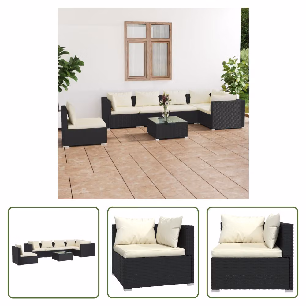 The Living Store Set da giardino 7 pezzi con cuscini in poly rattan nero