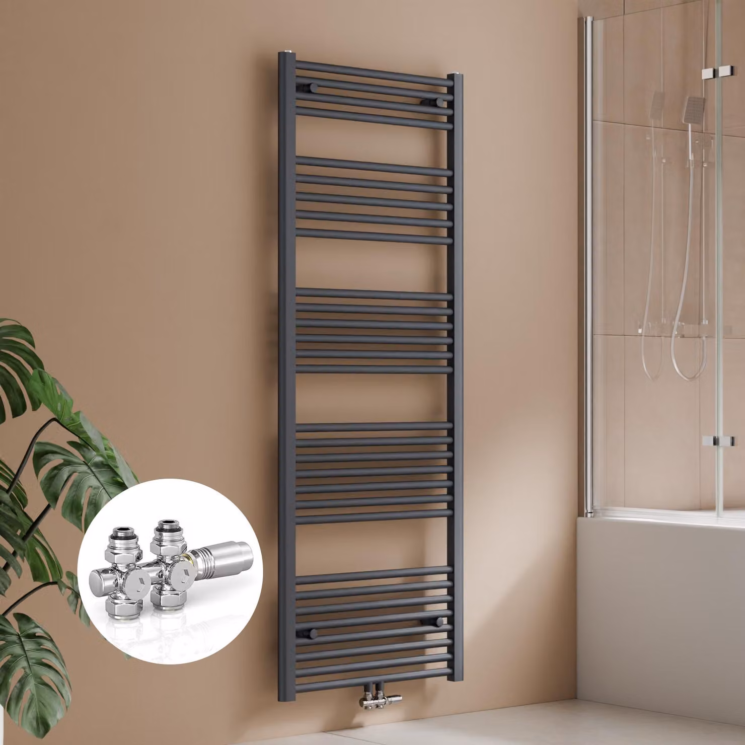 Radiatore da bagno 160 x 60 cm, 761W, antracite, con kit valvola per collegamento centrale, design lineare, radiatore asciuga-asciugamani – S'AFIELINA