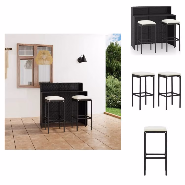 vidaXL Set bar da giardino 3 pezzi con cuscini nero - Set di mobili da giardino