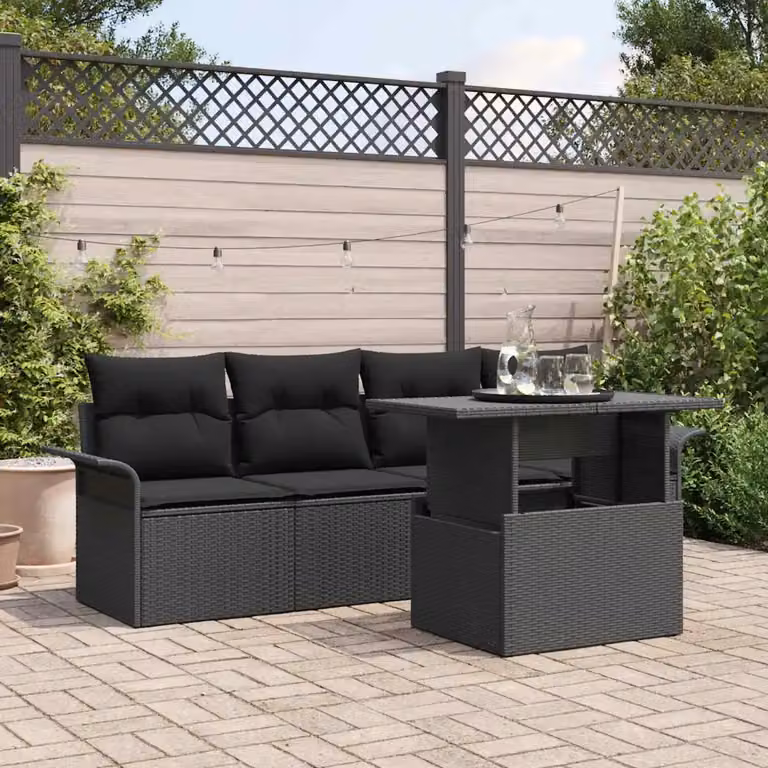 Set Divano da Giardino vidaXL 5 Pezzi in Polyrattan Nero con Cuscini e Tavolino in Vetro