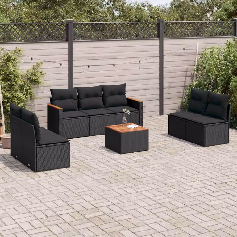 vidaXL Set Divani da Giardino a Forma di U con Cuscini 8 Pezzi Nero in Polyrattan e Acciaio