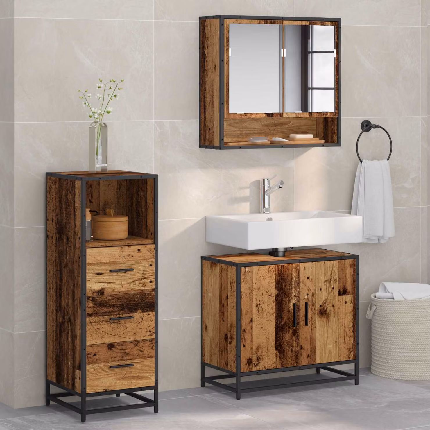 Set di mobili per il bagno moderno vidaXL in legno e metallo, 3 pezzi, marrone e nero, L/P/H: 65 x 33 x 60 cm – 1