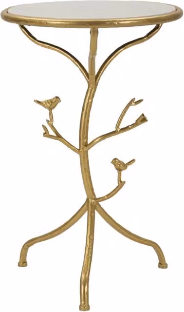 Tavolinetto Birds Mauro Ferretti in Marmo e Ferro Bianco e Oro Diametro: 38 cm, Altezza: 60 cm