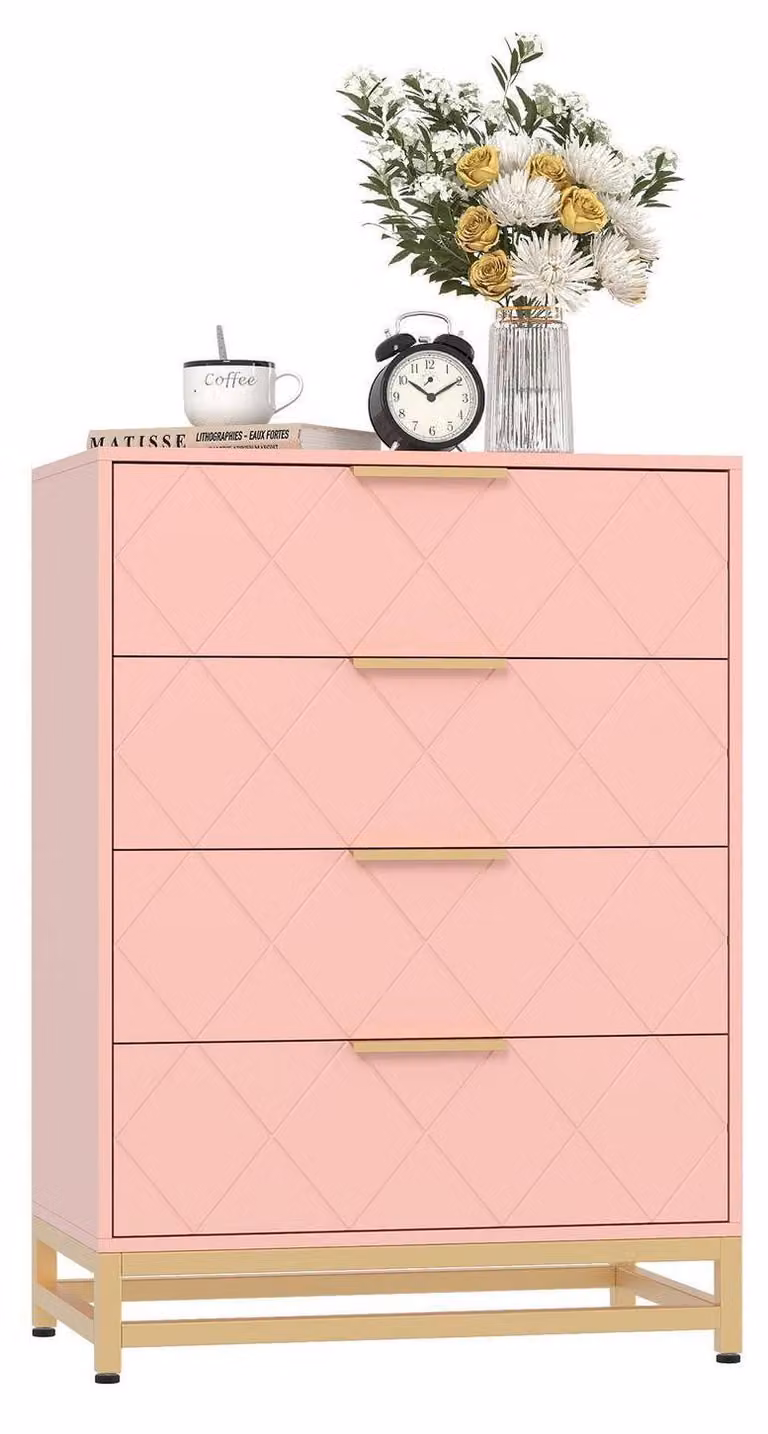 Comodino con 4 cassetti, dimensioni 61 x 40 x 91 cm, colore rosa, struttura in metallo
