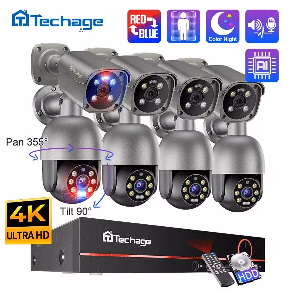 Sistema di videosorveglianza con un registratore NVR a 8 canali e 6 telecamere 4K Ultra HD da 8 megapixel per uso esterno