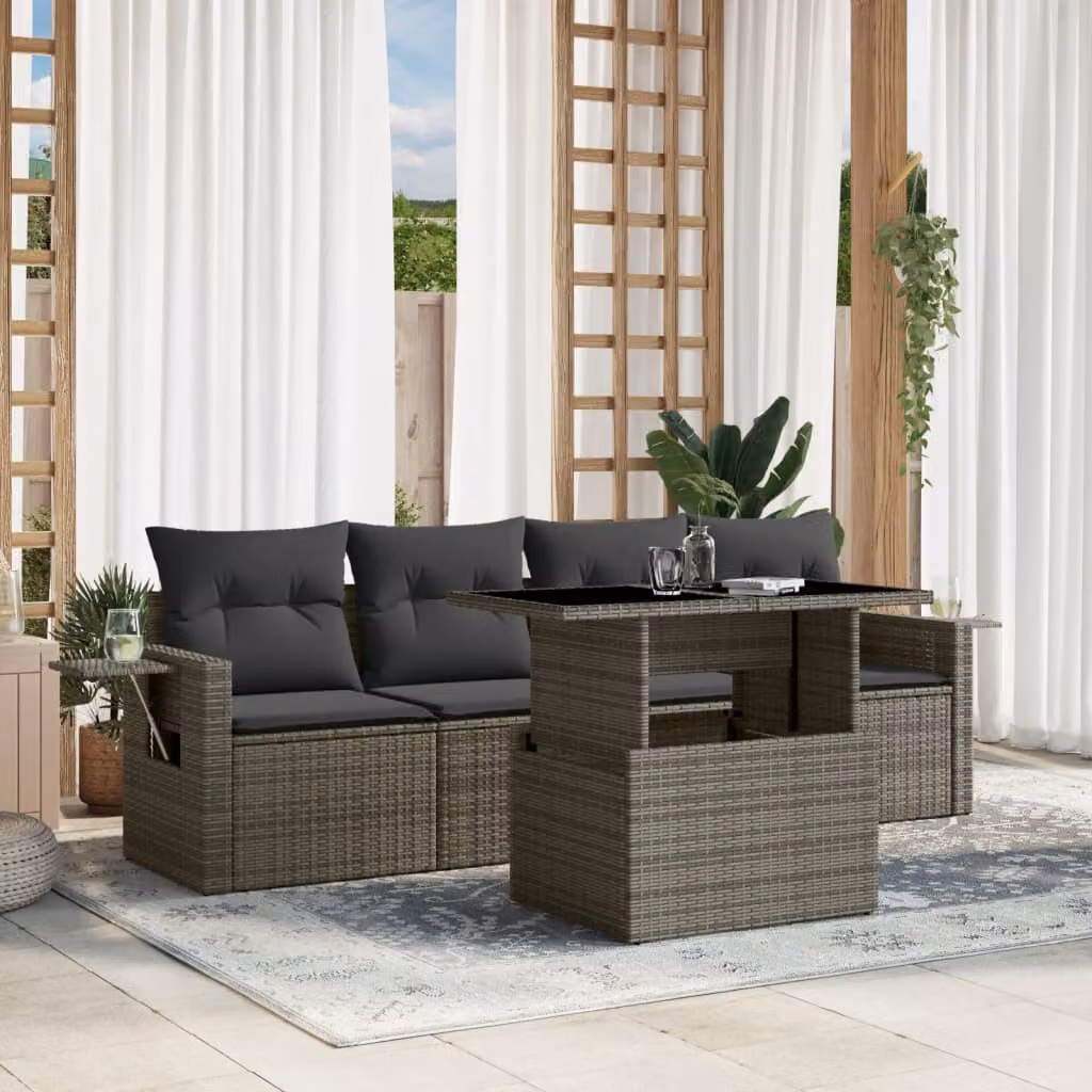 vidaXL Set Divano da Giardino 5 pz Moderno in Polyrattan Grigio con Cuscini Imbottiti e Tavolino – 1