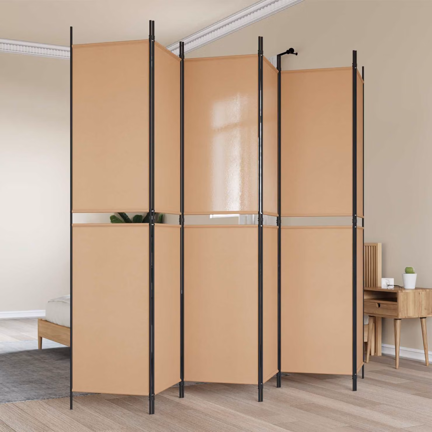 Divisore per stanza vidaXL a 6 pannelli in tessuto e metallo, beige, L: 300 cm, H: 220 cm