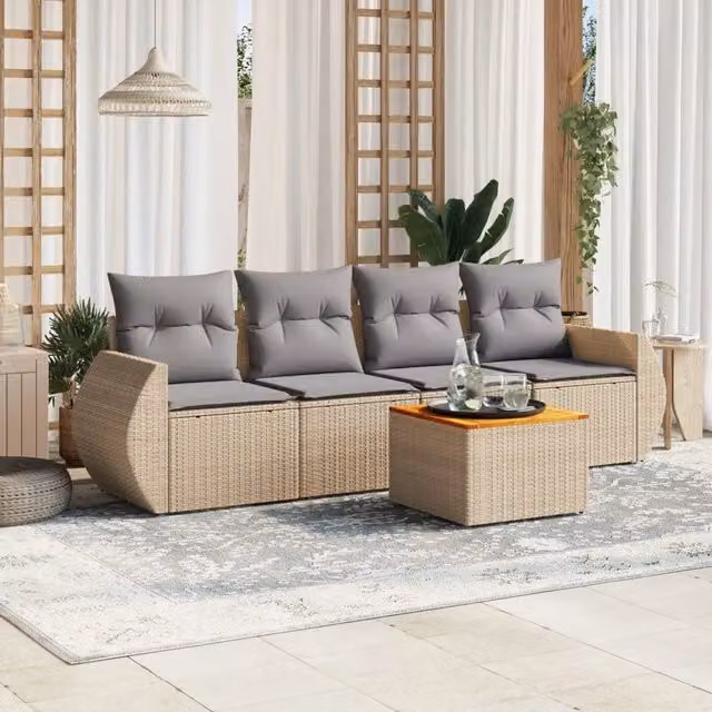Set Divano da Giardino 5 pz con Cuscini Beige in Polyrattan 3257214