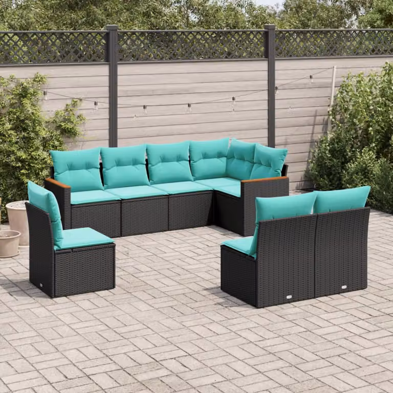 Set di divani da giardino vidaXL a forma di U composto da 8 pezzi con cuscini, struttura in metallo e rattan, colore nero e blu