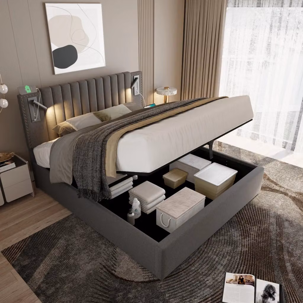 Letto contenitore Mivray in tessuto grigio con testiera regolabile, luci da lettura integrate, porta USB Type-C e mensola, L/P/H: 160 x 200 x 109 cm – 2