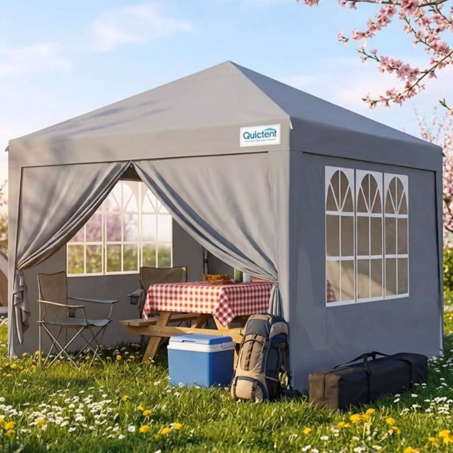 Gazebo impermeabile 3x3 metri con pareti laterali, protezione UV 50+, struttura in acciaio grigio, inclusa borsa per il trasporto.