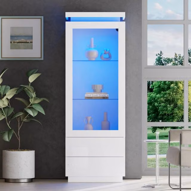 Vetrina alta ULEVR 60x40x171 cm con 2 cassetti, ante in acrilico trasparente, ripiani in vetro e LED, bianca