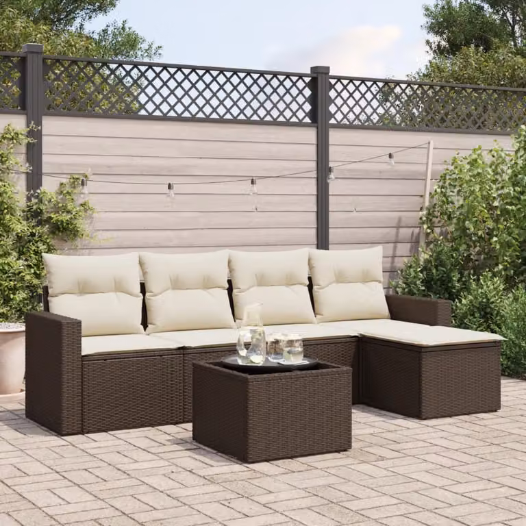 Set Divano da Giardino vidaXL 6 pz in Polyrattan Marrone e Bianco con Cuscini Imbottiti e Tavolino