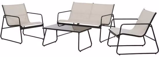 Set di mobili da giardino in metallo composto da quattro pezzi con piano del tavolo in vetro temperato, per esterni