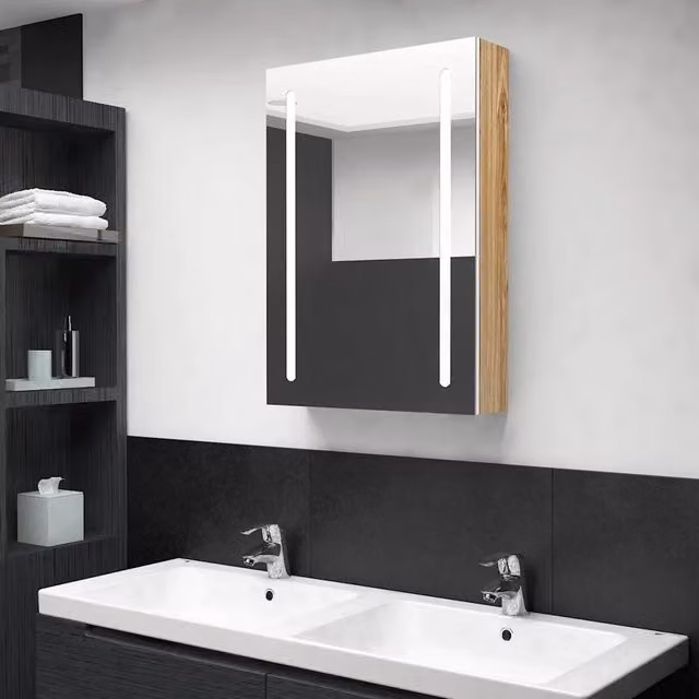 Armadietto da bagno Design Mania con specchio e illuminazione LED, Bianco e Rovere, L: 50 cm, P: 13 cm, H: 70 cm – 1