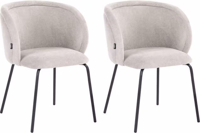 Set di 2 sedie da pranzo imbottite senza braccioli, rivestimento bianco sporco, base in metallo, design retrò