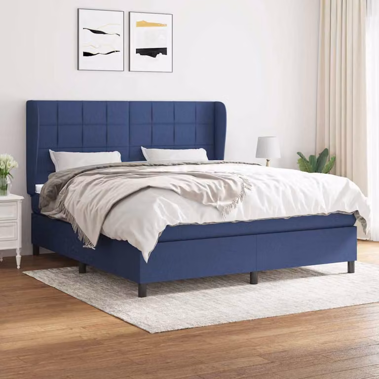 vidaXL Giroletto a Molle con Materasso Ibrido in Tessuto Blu e Bianco L/P/H: 160 x 200 x 128 cm