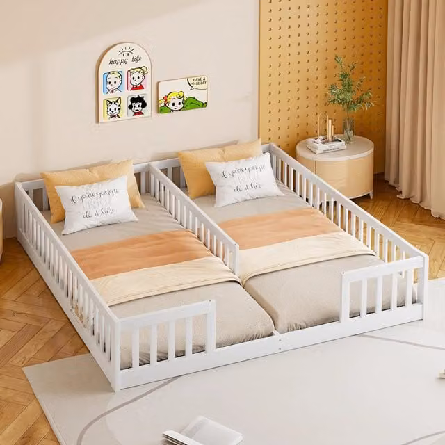 Letto per bambini a 2 posti 90 × 200 cm con barriere di sicurezza, senza rete e materasso, pino e MDF, bianco